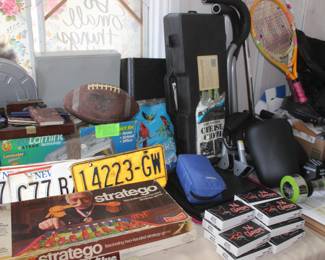 Vintage Stratego, sound equipment, vintage license plates, bird seed, pet glasses, work out equipment, shake weight, tennis rackets