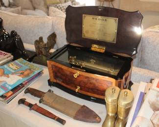 Reuge "The Art of Mechanical Music" Music Box, Brass Ralph Lauren Boots, WW1 Knife and Machete