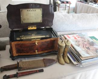Reuge "The Art of Mechanical Music" Music Box, Brass Ralph Lauren Boots, WW1 Knife and Machete