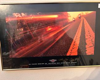 Harley Davidson framed. ‘95 years behind US. Nothing but open road’. Signed by Willie!!