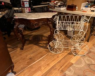 Vintage French King Louis 15th style  marble top hall table and a rolling floral cart.