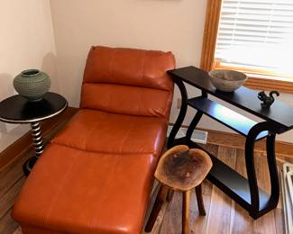 Mid left - Korean Pierced Celadon w/ Crane & Basket, A GREAT Ashley orange chaise lounge, round table, a curved console table, 4 legged wood stool and a cast iron nutcracker squirrel.