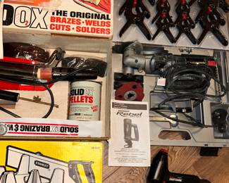 An example of some of the GREAT tools foe sale. Including the Solid O2Xbrazer & welding NIB!, the spring clamp set, the Stanley miter saw with box, the like new Craftsman electric stapler & the Rebel Rotozip set.