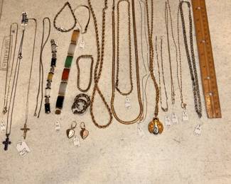 Mostly 14 k GOLD Necklaces and a few 925 pcs., a ladybug studded gem stone gold gilded ladies watch necklace,                                               •••7” multicolor jade 14 k bracelet👀