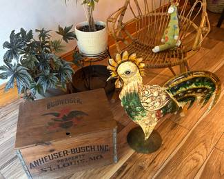 Anheuser Busch Bud wood crate, bamboo rocker, more plants and a metal rooster