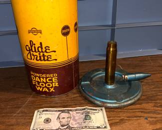 Glide-rite dance floor wax 5 pounds full tin, A Stoner Mfg. Co. 20-30mm WW2 shell cigar/cigarette lighter/ash tray.