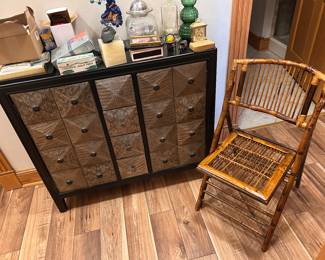 Stein World Swank cabinet and one of two bamboo chairs