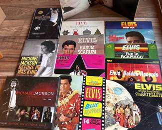 Here are some of the Elvis LPs and Michael Jackson LPs and books. NOTE: The MJ book in the lower left is a great book featuring "A Tribute To Michael Jackson," the platinum edition. It has super info with card inserts and LOTS of MJ Trivia!!!