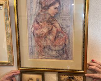 ‘Luba and Stephan’ by world renowned artist Edna Hibel (1917 to 2014)
Bottom - 2 of 3 adorable pcs of  art by Charlotte Becker with convex glass.