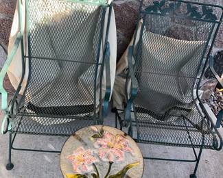 2 outdoor patio spring  riding chairs (see both chair covers behind the chairs to use to protect them from the elements & birds!!) and a 'cute' floral top side table