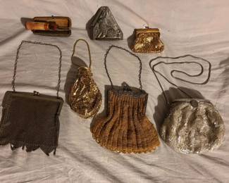 Upper left corner - a Meerschaum amber cigarette/cigar holder with fitted case,                             top center - a Jaburg Rabbit Chocolate mold,   and a variety of quality vintage mesh purses including Art Deco Evans compact mesh change purse, Whiting Davis expandable mesh Beggars purse, Evans mesh compact Evening Bag coin purse, and a few more!!