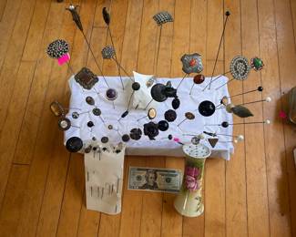 Approximately six dozen fabulous vintage hair/hat pins with a Bavarian hat pin holder.