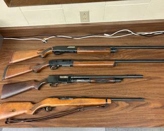 Top - Winchester pump 20 gauge model 1200
1st Middle - High standard Auto20 gauge 6110 shotgun 
2nd middle -Stevens 12 gauge pump shotgun model520-30
Bottom Westfield 22 Auto rifle model M846