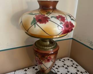 Lot 400 Antique Hurricane Parlor Lamp, GWTW, electric 25”h to top of clear chimney 