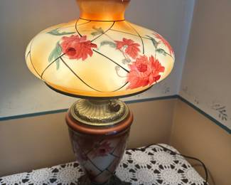 Lot 400 Antique Hurricane Parlor Lamp, GWTW, electric 25”h to top of clear chimney 