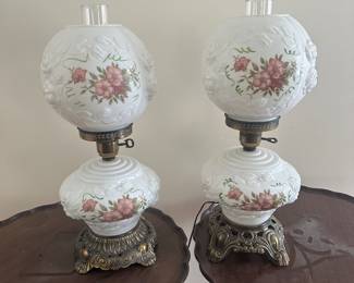 Lot 300 Vintage GWTW Lamp - Phoenix Lamp Co. Cabbage Rose. 3 part mold. Converted to electric. 21”h to top of clear chimney   (there are 2 of these)