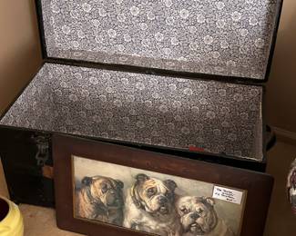 Lot 320 - Blanket Chest Trunk with both handles, lined.   32”w 16”d 17-1/2”h.    Lot 115 - art print “The Three Graces “ PE Stretton 