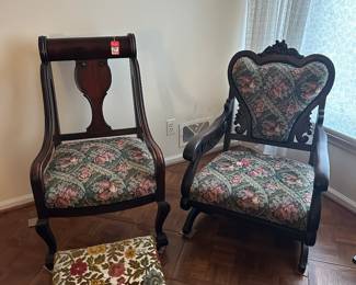 *STOOL IS SOLD Lot (77) French Antique Arm Chair, reupholstered 21-1/2"w 36"h back  - and - Lot (75) French Antique Platform Rocker Rocking Chair Sweetheart Back Spring Loaded Carved Wood Eastlake Style 24-1/2"w 36"h back