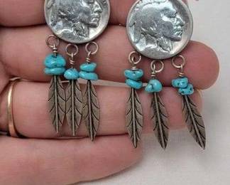 11 Sterling Silver and Turquoise Buffalo Nickel Earrings