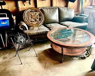 ETHAN ALLEN GREY LEATHER STUDDED SOFA AND COFFEE TABLE.