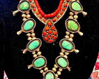 Fine jewelry and lots of costume. Removed daily. Security on premises. Indian Pawn Squash Blossom turquoise sterling necklace.  