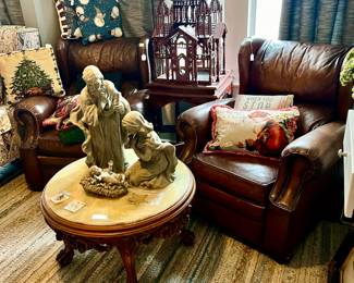 BERNHARDT LEATHER CHAIRS, VINTAGE MARBLE TOP TABLE