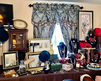 LOTS OF ANTIQUE FURNITURE, COSTUME JEWELRY, HANDBAGS, ETC.