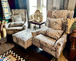ETHAN ALLEN PAIR OF WING BACK CHAIRS WITH OTTOMAN