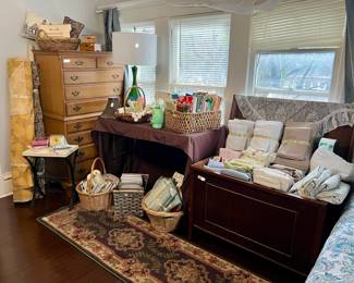 ANTIQUE CHEST FULL OF LINENS, SEWING CORNER