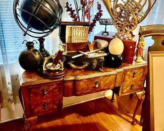 ANTIQUE DESK, VANITY WITH A MIX OF INTERESTING FINDS.