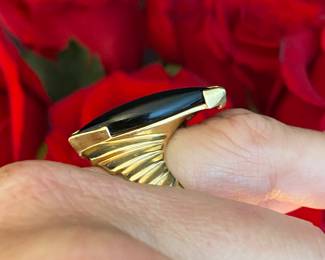 #27 - 14kt gold & onyx 70's sculptura ring size 5.5 to 6. Unusual. $475.00