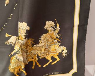 #138 -  $450  - Hermes scarf 36" - vintage - dark olive & gold - Carousel - 100% silk - very good condition. 