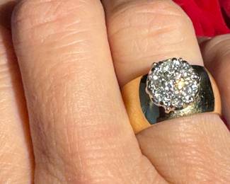 #93 - $650 - 1 ctw cluster diamond ring on wide 14kt gold band. Size 6 