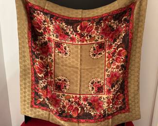 #136 - $145 - Soleido 100% silk - 36" approx. Vintage olive green and bright strawberry pinks. 