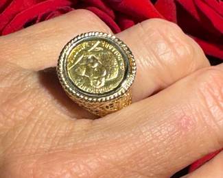 #102 -  $575 - 1/20 Koala coin 24kt gold on 14kt gold mount 6.1 grams. filigree mount. Size 7 1/2 