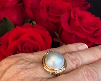#33 - $325 - Mabe pearl on 14kt gold setting with 3 small diamonds - size 7.5. 