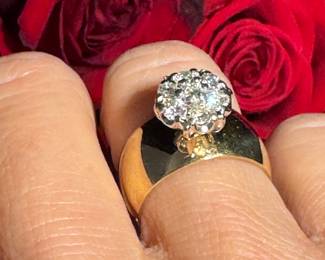 #93 - $650 - 1 ctw cluster diamond ring on wide 14kt gold band. Size 6 