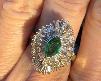 #149 - $1,350 Emerald marquise and diamonds baguettes ring  Approx 2 ctw on 14kt yellow gold. 7.5 grams. Size 8 
