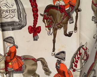 #137 - $ - Hermes scarf 36" - vintage - pink & hot orange - Show horses  - 100% silk - a couple of stains  - NAME 