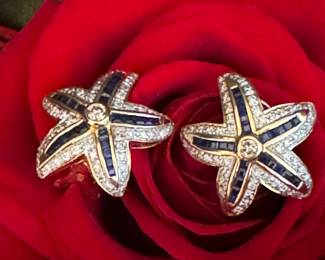 #35 - Starfish Pair of 14kt yellow gold earrings with round diamonds and sapphires baguettes - French back. $760
