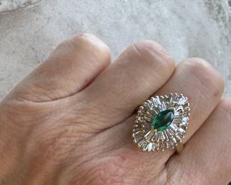 #149 - $1,350 Emerald marquise and diamonds baguettes ring  Approx 2 ctw on 14kt yellow gold. 7.5 grams. Size 8 