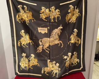 #138 -  $450  - Hermes scarf 36" - vintage - dark olive & gold - Carousel - 100% silk - very good condition. 