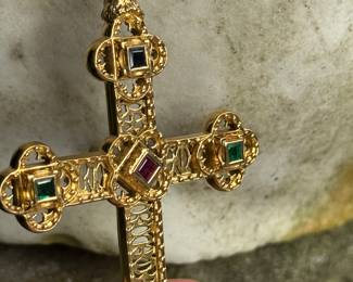 #160 - One of a kind!!!! Custom made "Jeweled Cross of Burges" 18kt yellow gold (approx 1987) mesuring 3.25" H x 2.38"W, 55.72 grams , jeweled with 4 square emeralds, 4 square sapphires & 2 rubies. Reversible cross. Hang on an 18kt gold loose rope chain, 20" long + 2.5" chain between cross and chain. chain weight 19.36 grams. $4,750. Appraisal included. 