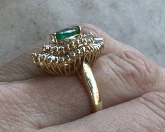 #149 - $1,350 Emerald marquise and diamonds baguettes ring  Approx 2 ctw on 14kt yellow gold. 7.5 grams. Size 8  