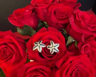 #35 - Starfish Pair of 14kt yellow gold earrings with round diamonds and sapphires baguettes - French back. $760