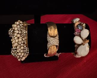 Vintage bracelet includes far left Rare signed #56 - $150 Miriam Haskell cuff bracelet pearls & rhinestones PRICE - #57 center bracelet Hattie Carnegie bangle gold $40 & white rhinestone bracelet #58 - $26