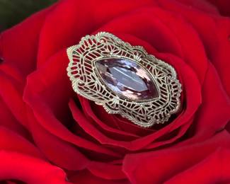 #37 - $80 -10kt white gold pin or pendant, with amethyst oval faceted. 