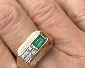 #95 - $625 - Men ring art deco style, lab created emerald & diamond, 14kt yellow gold. 7.3 gr. Size 10. 