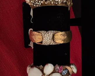 Vintage bracelet includes far left Rare signed #56 - $150 Miriam Haskell cuff bracelet pearls & rhinestones PRICE - #57 center bracelet Hattie Carnegie bangle gold $40 & white rhinestone bracelet #58 - $26