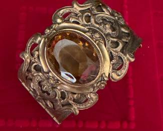 #58 - $160 - Large Victorian bracelet with glass citrine colored oval faceted stone